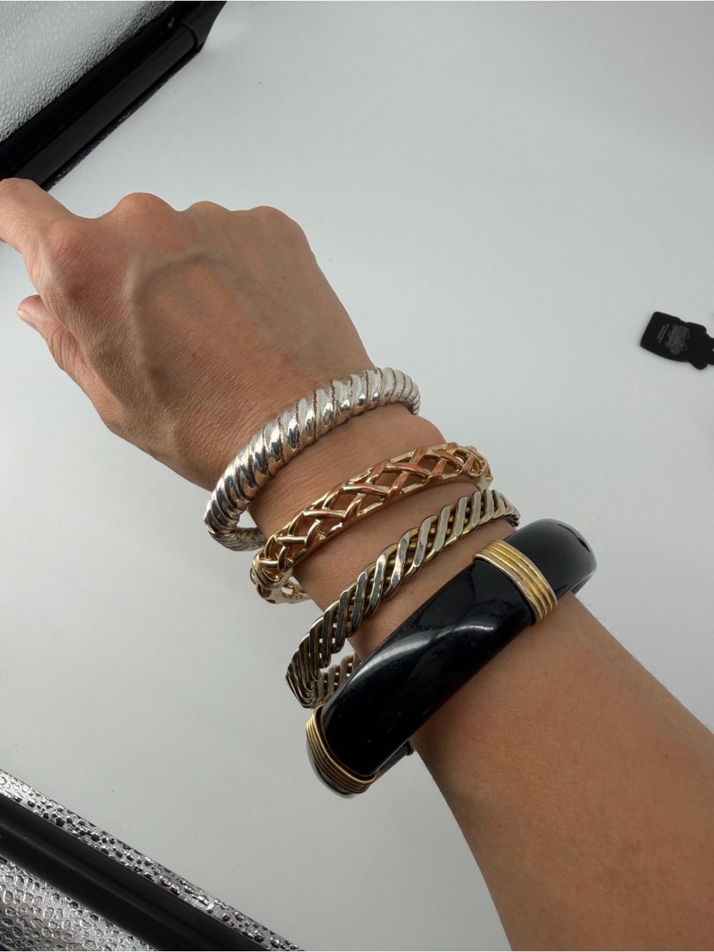 Vintage Bangle Bracelet Stack Set 4 Mixed Metal Gold Silver Black Mob Wife
